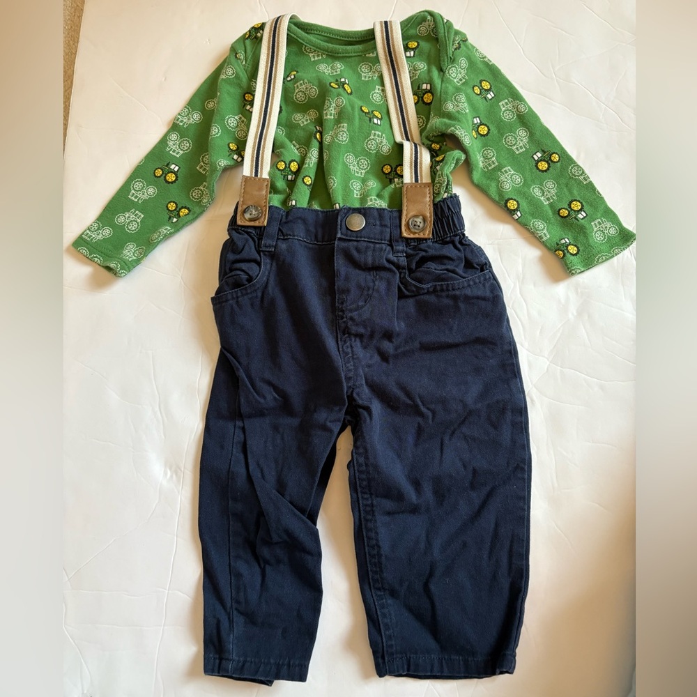 John Deere green onesieNWOT & Children’s Place navy pants w/suspenders 6/9 mo.